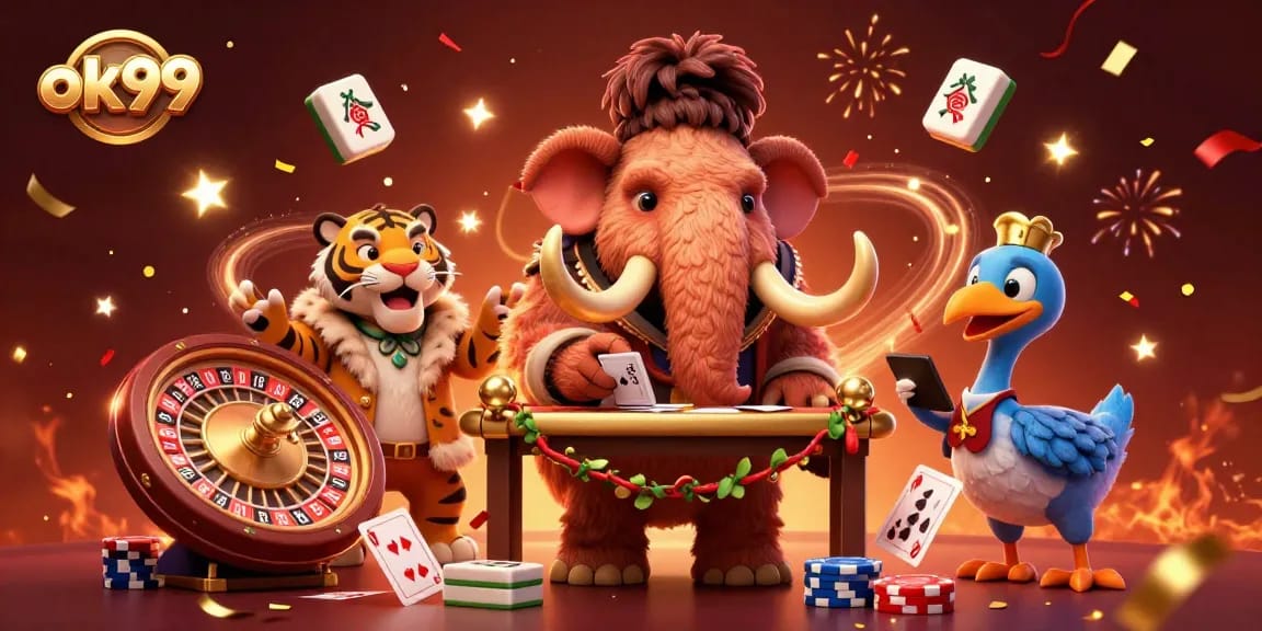 Experience the vibrant world of ok99 with a playful casino scene featuring unique characters.