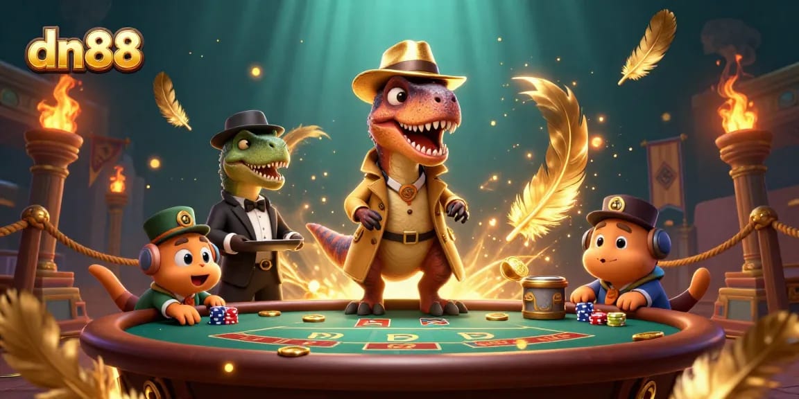 Experience the excitement of dn88 with a velociraptor card counter and stegosaurus pit boss in a dynamic casino illustration.