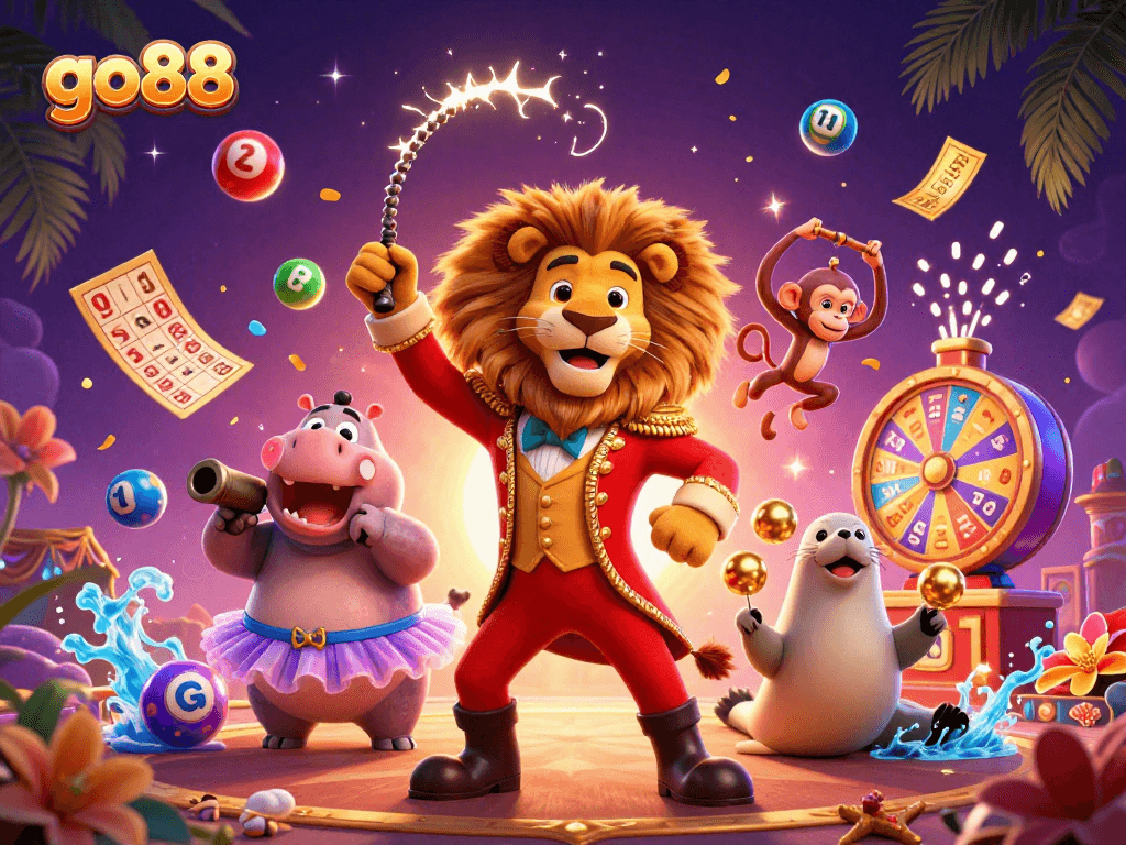 Join the excitement of go88 with colorful lottery balls, vibrant games, and fun casino characters.