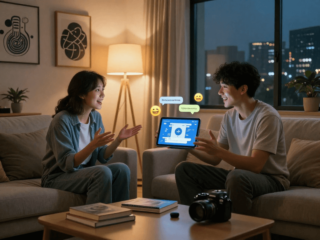 Engaging nsfw ai chat in a cozy home setting with tablet display