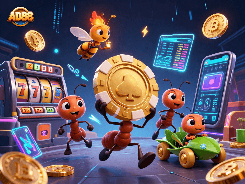 Experience massive wins with AD88's games in a vibrant 3D illustrated casino scene.