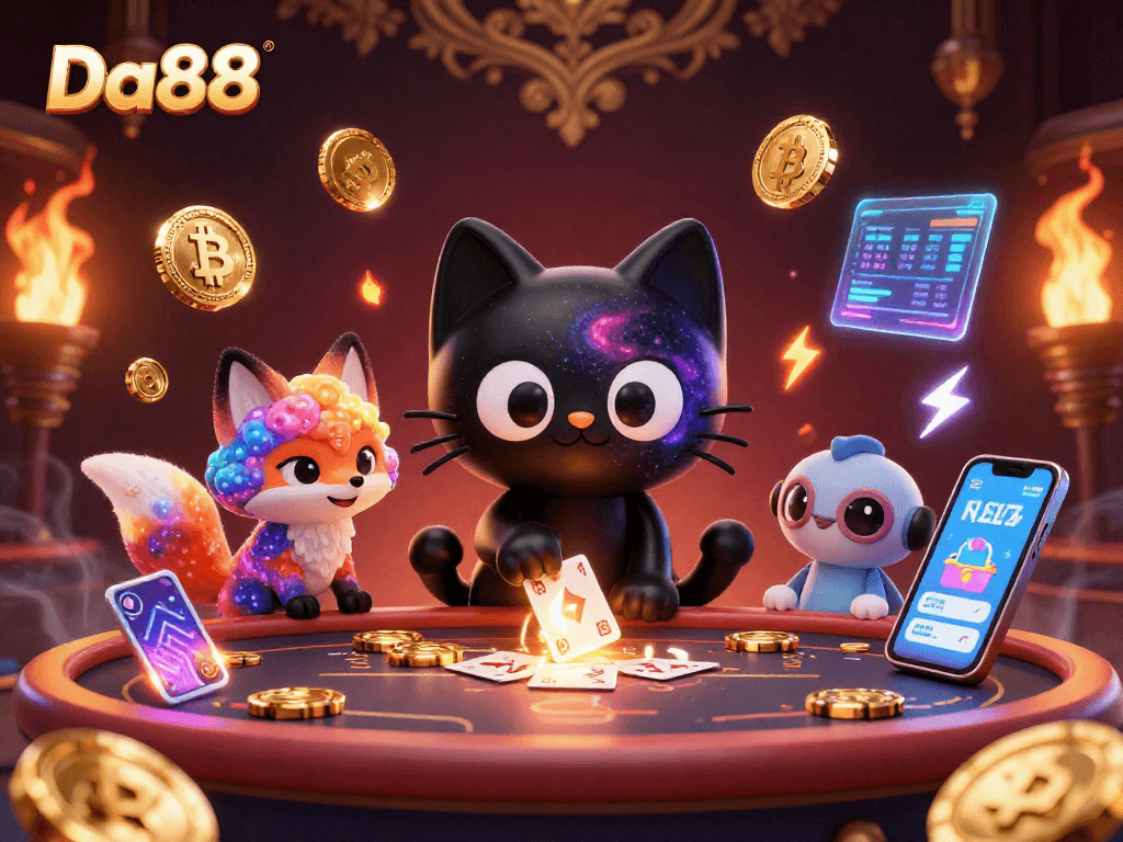 Experience thrilling gaming at Da88, featuring a cosmic casino scene with vibrant characters and colorful elements.