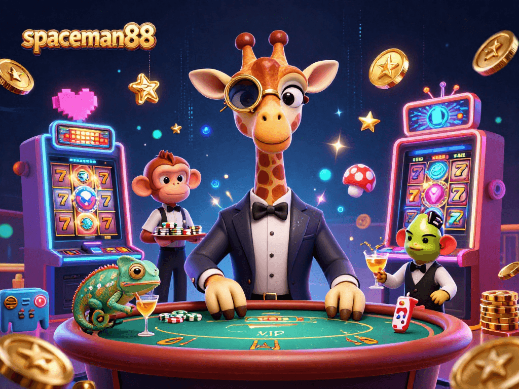 Engage with spaceman88 as the high-roller giraffe plays for the jackpot in a vibrant casino scene.