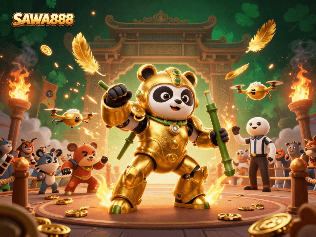 Experience thrilling gameplay at SAWA888 with vibrant cartoon mech-suit characters in an action-packed arena.