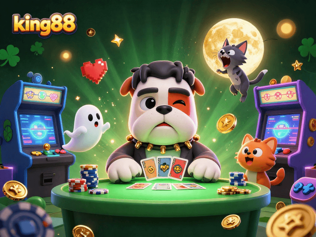 Experience thrilling card gameplay at king88's spooky table with unique characters and vibrant casino elements.