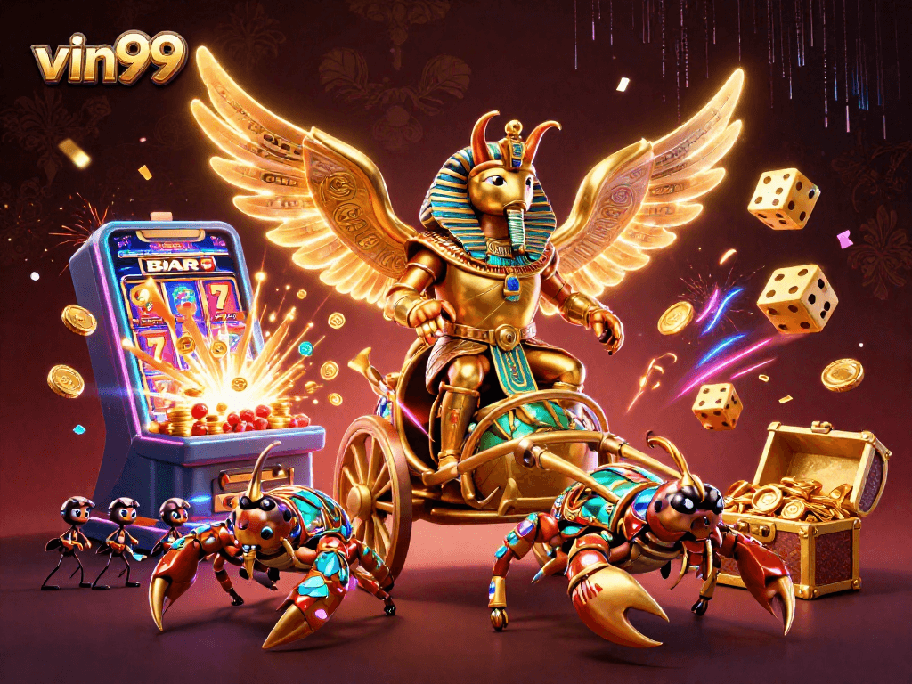 Experience thrilling gameplay at vin99 with a dynamic illustration of slots, golden elements, and vibrant casino excitement.