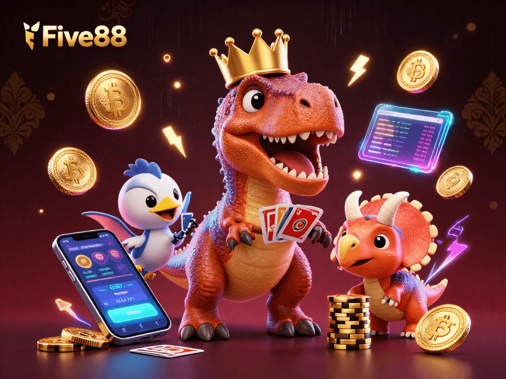Win big at Five88 with a T-Rex shuffling cards while crypto coins and casino elements surround them.