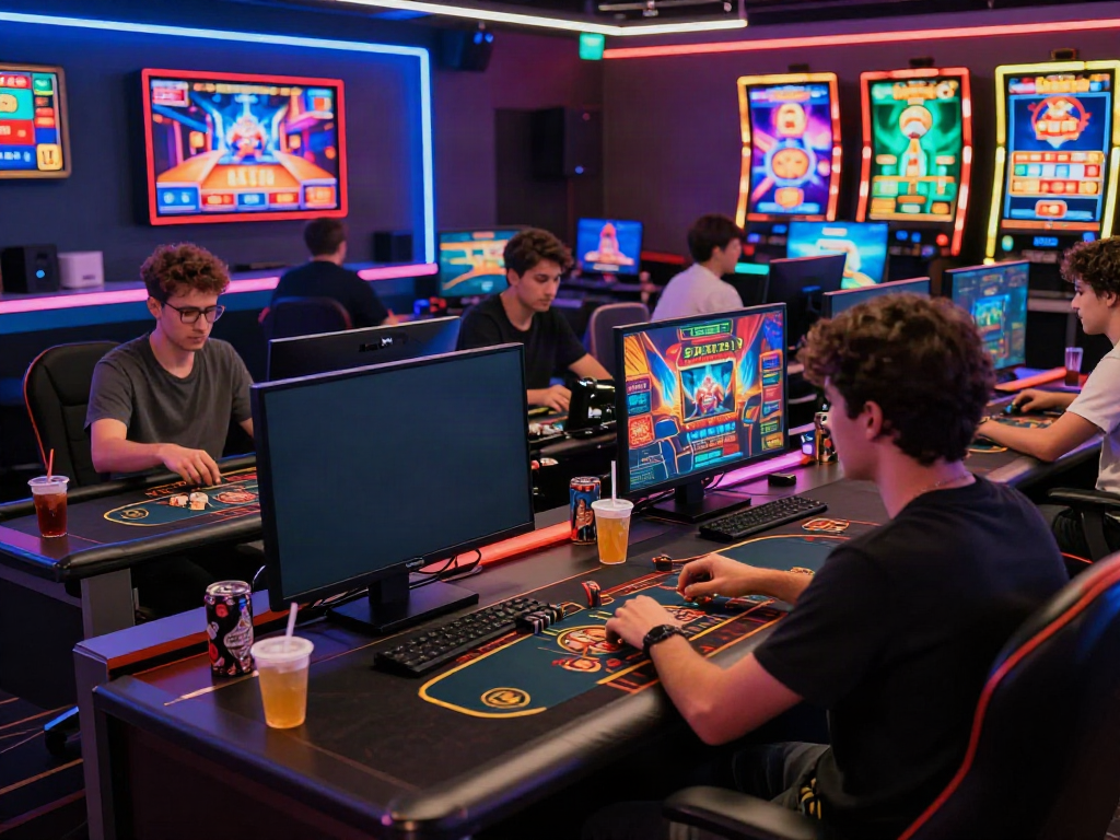 Intense gaming atmosphere featuring players engaging with online casino games at modern gaming lounge.