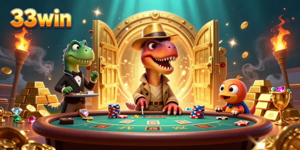 Experience excitement at 33win with a velociraptor card counter, a stegosaurus pit boss, and treasure elements.