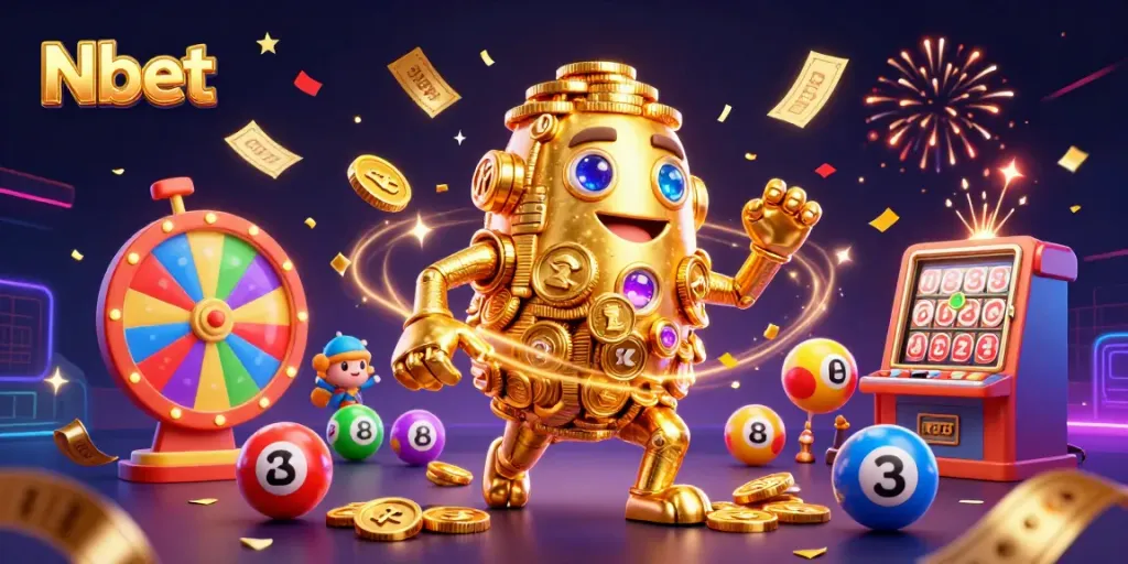 Engage with Nbet's vibrant casino world, showcasing a golden golem and dynamic gaming elements.