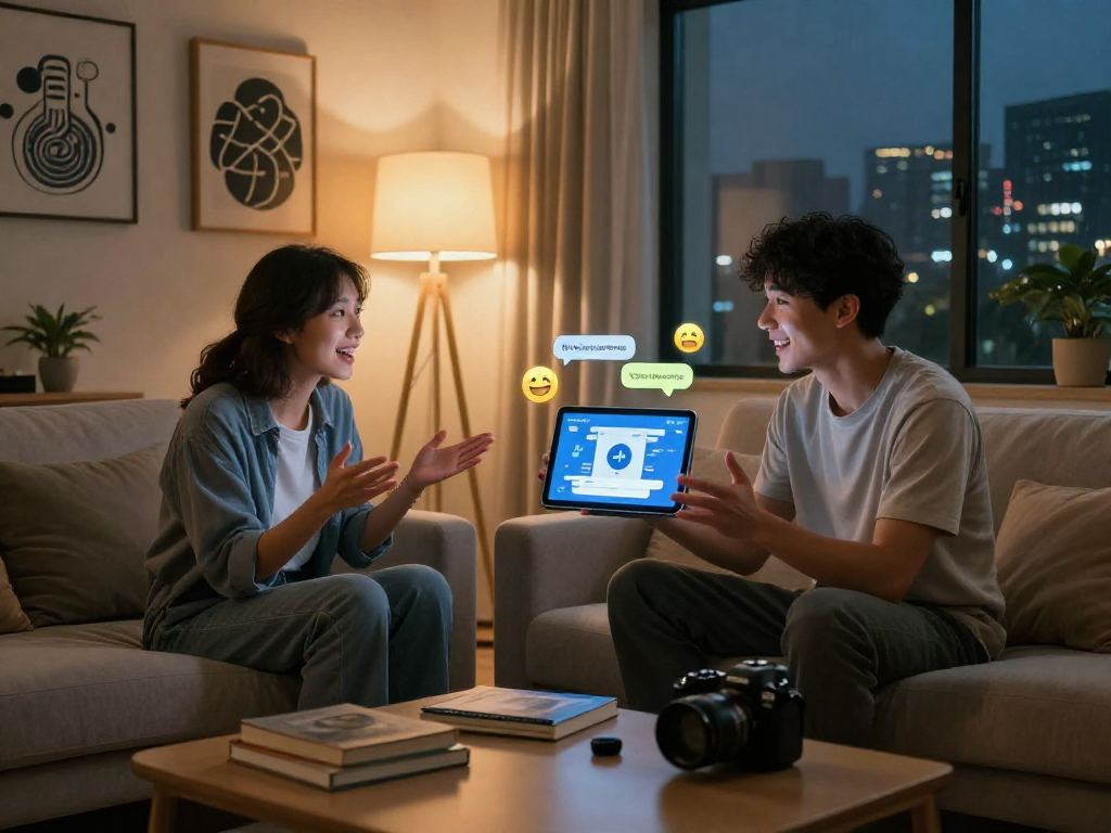 Engaging nsfw ai chat in a cozy home setting with tablet display