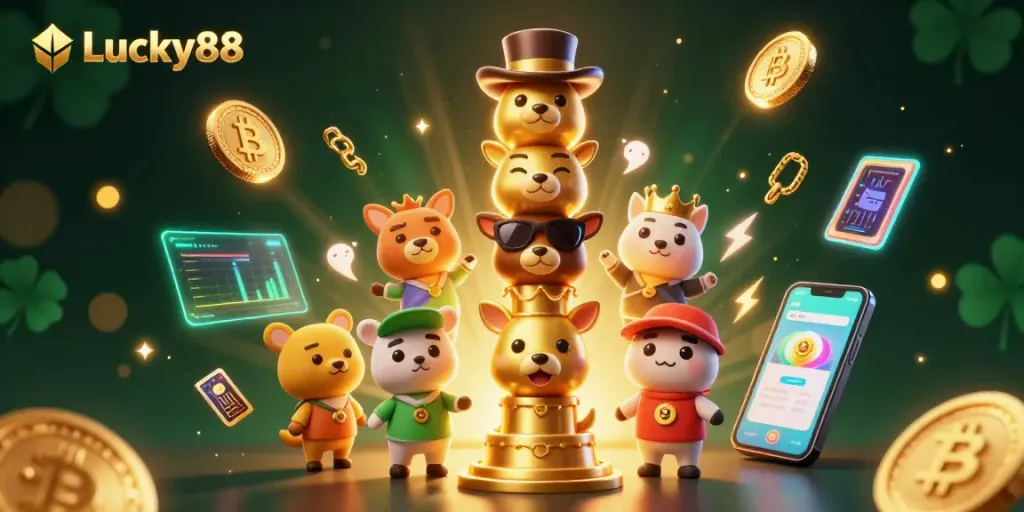 Engage with Lucky88 in this vibrant casino scene filled with glowing crypto elements and a colorful totem.