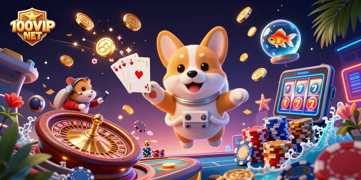 Float in excitement at 100VIP NET with a diverse casino scene featuring games and winnings.