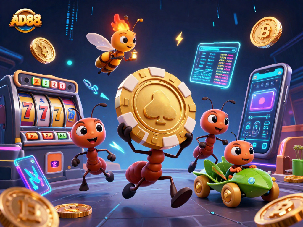 Experience massive wins with AD88's games in a vibrant 3D illustrated casino scene.