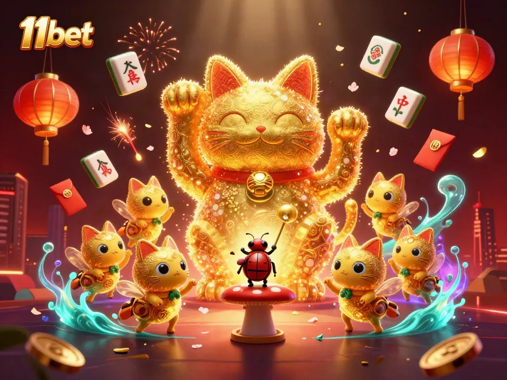 Experience vibrant casino action with 11bet's golden lucky cat and dynamic gambling elements.