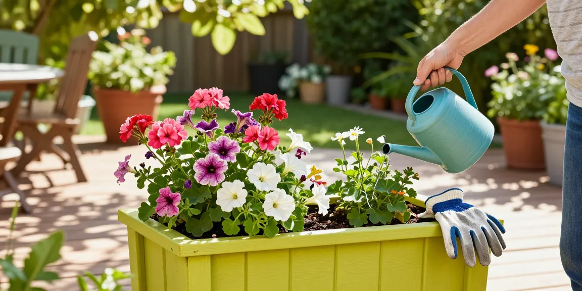 Outdoor planter filled with vibrant flowers here, showcasing gardening joy.