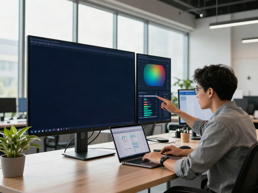 Dynamic workspace showcasing instant indexing analysis with multiple screens and greenery.