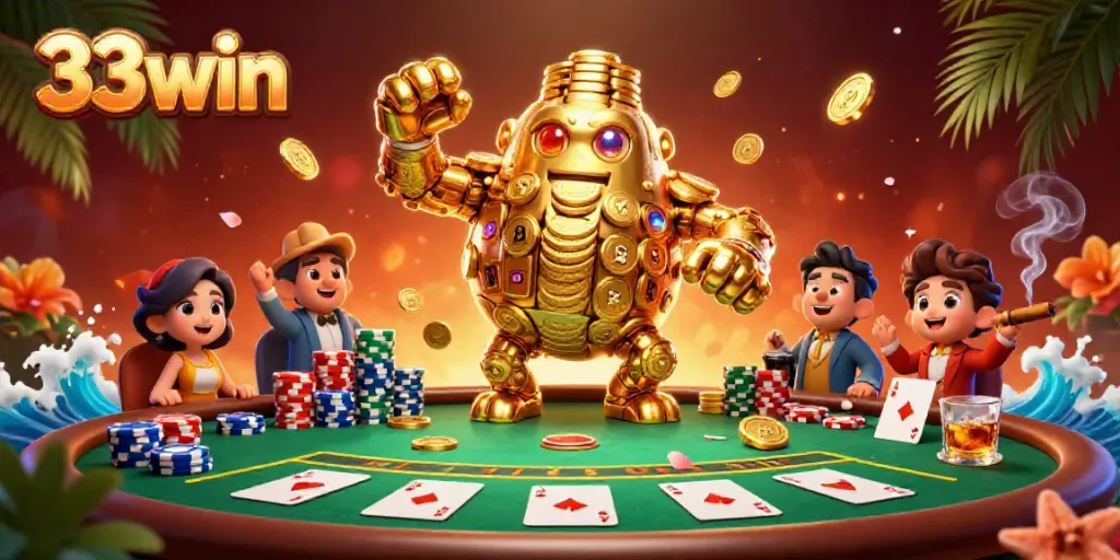 Experience thrilling gaming with 33win's dynamic 3D casino scene showcasing coin golems and poker elements.
