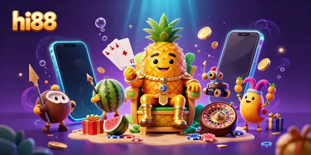 Experience high-stakes fun at hi88 with a cartoon golden pineapple king and dynamic casino visuals.
