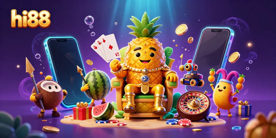 Experience high-stakes fun at hi88 with a cartoon golden pineapple king and dynamic casino visuals.