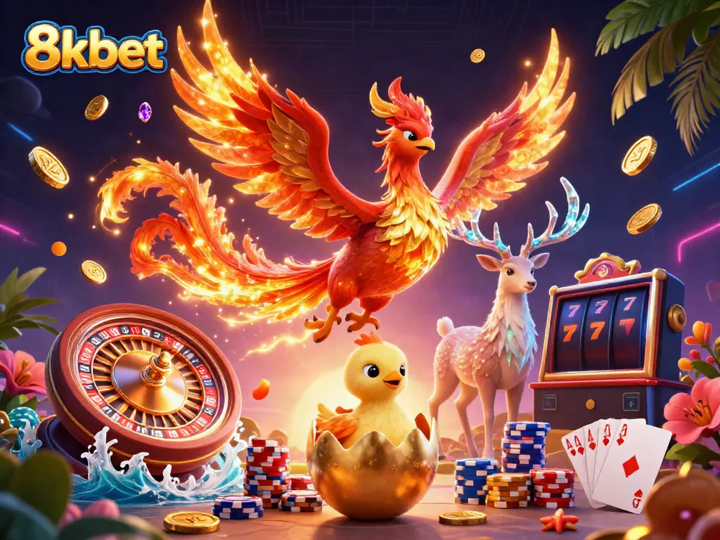 Engage with 8kbet in a vibrant casino scene featuring a fire phoenix and gaming elements.