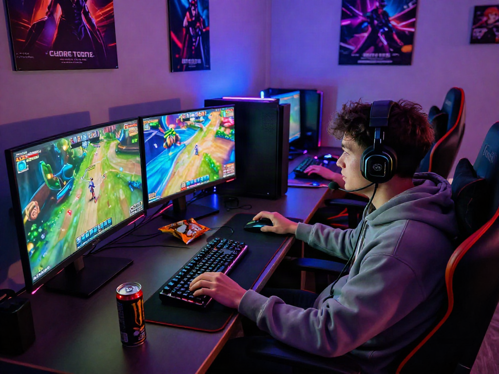 Gamer engaged in a porngame session with dynamic graphics and vibrant atmosphere.