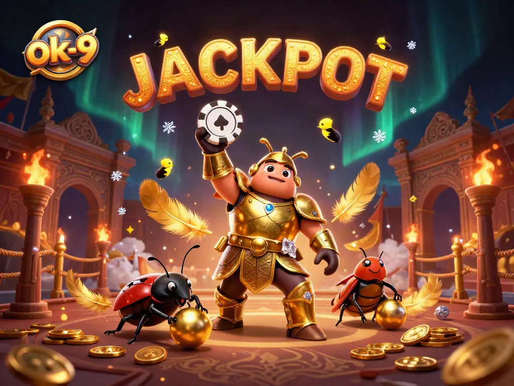 Experience the thrill of ok-9 casino with cartoon beetles and jackpot celebration.
