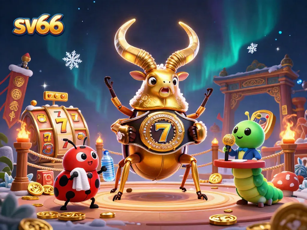 Experience the thrill of sv66 casino with a golden stag beetle facing off in a dynamic gambling arena.