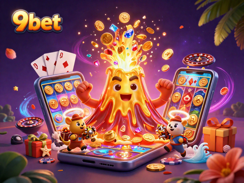 Experience thrilling wins with 9bet as a golden volcano erupts with treasure in this vibrant casino scene.