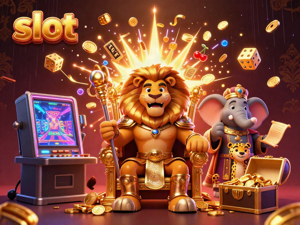 Win big with slot machines featuring kings and treasures in this vibrant 3D casino scene.