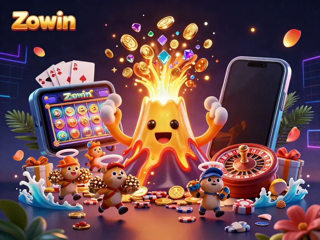 Zowin entertains players with a vibrant 3D cartoon scene featuring a golden volcano, treasures, and casino elements.