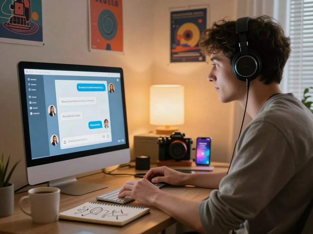 Interactive nsfw ai chat in a cozy home workspace with a user engaging with AI technology.