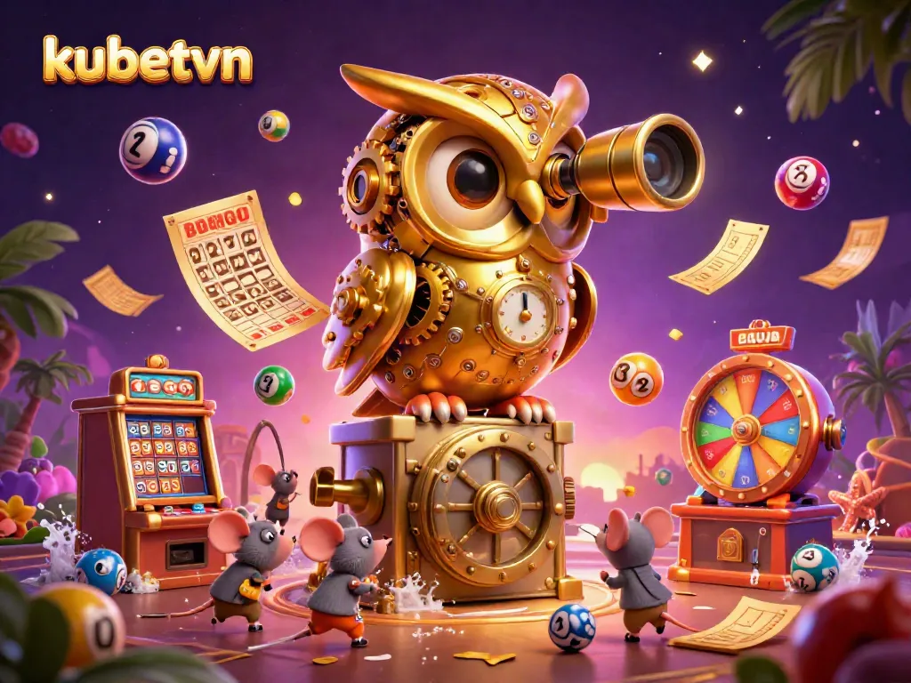 Engage with kubetvn's captivating casino scene featuring a golden owl, mice, and exciting game elements.