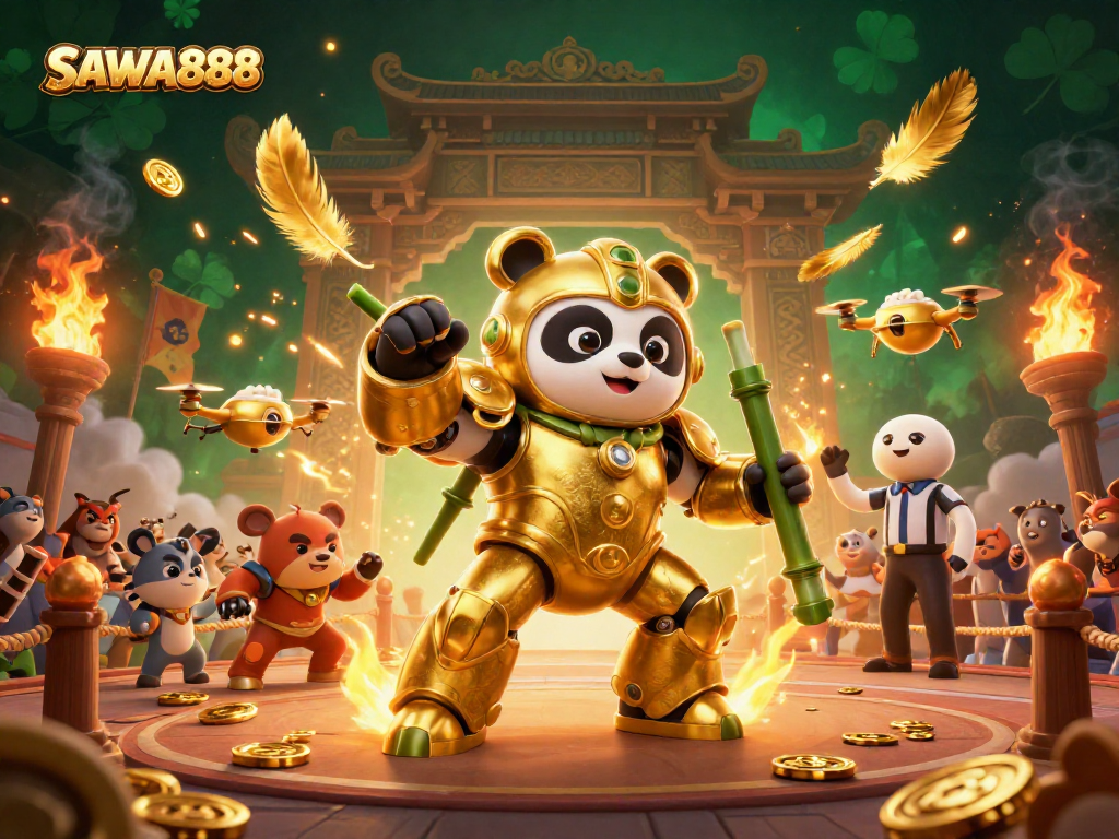 Experience thrilling gameplay at SAWA888 with vibrant cartoon mech-suit characters in an action-packed arena.