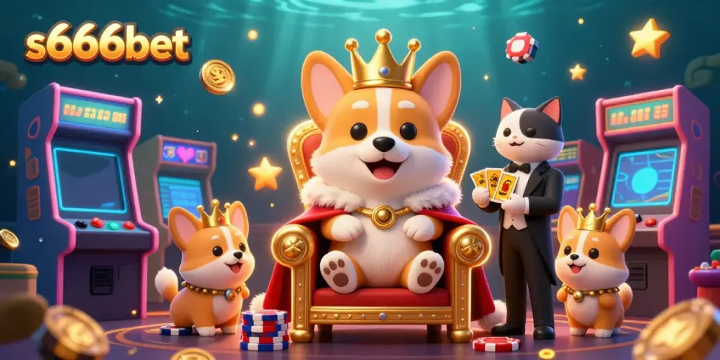 Engaging scene of a royal corgi on a poker chip throne at s666bet, showcasing vibrant casino elements.