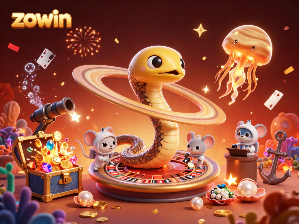 Zowin offers thrilling casino action as cartoon characters gamble in a vibrant cosmic setting.