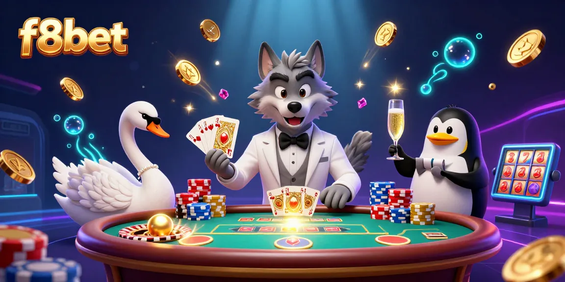 Experience thrilling f8bet gameplay with a debonair wolf, elegant swan, and penguin presenting champagne amidst casino excitement.