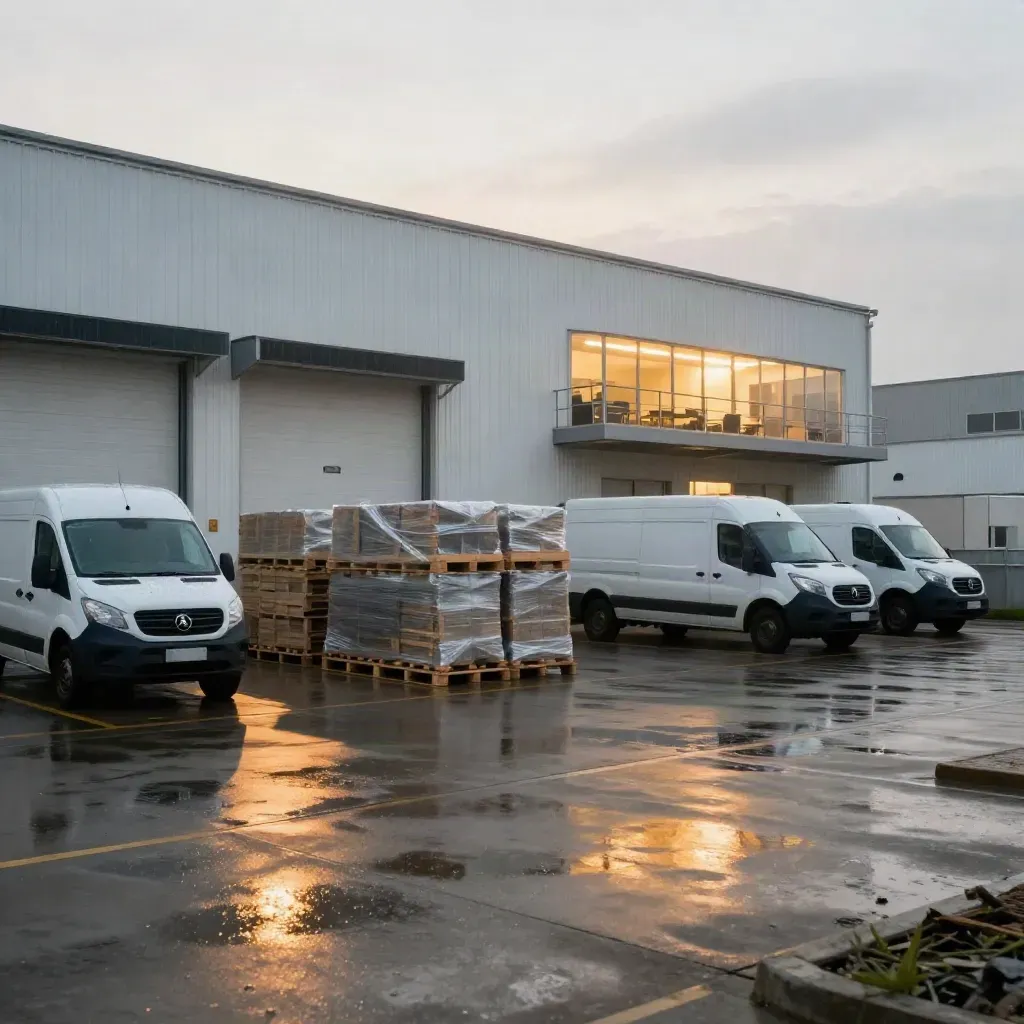 Rain-wet logistics yard with white warehouse, pallets, delivery vans and glowing mezzanine office at golden hour.