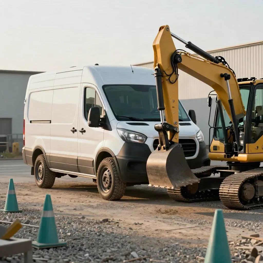 Refrigerated van and compact excavator in a gravel yard with teal cones and dust in sunlight.