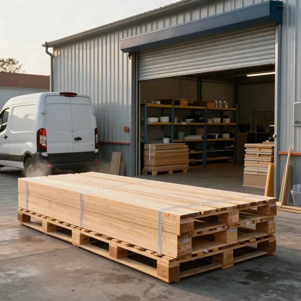 Workshop yard with timber, wrapped pallets and a delivery van in warm post-rain light.