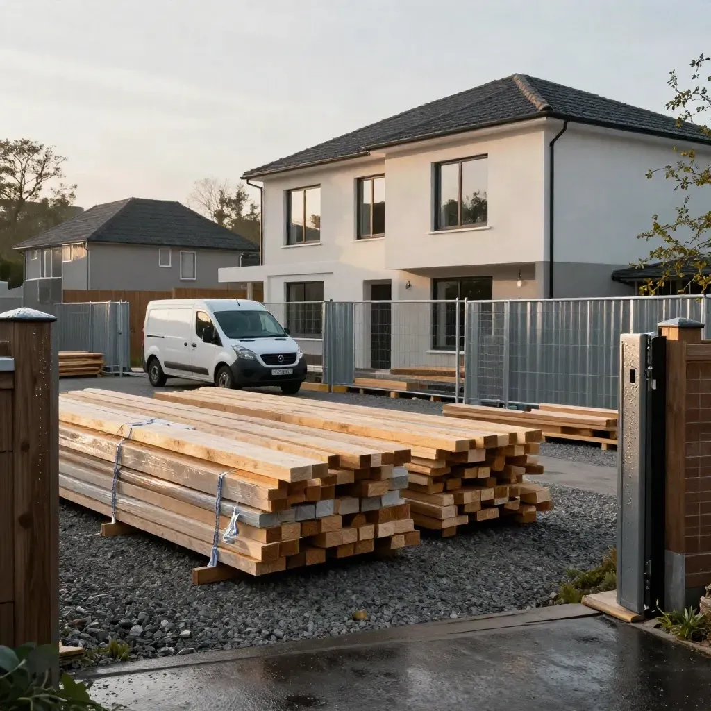 Quiet builder’s yard with stacked materials, a compact van and a finished frontage after rain.