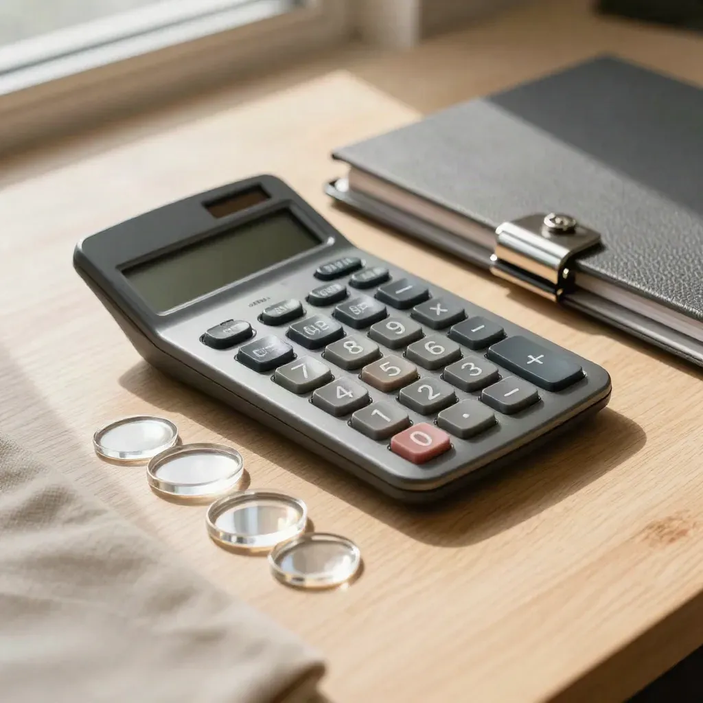Calculator, acrylic route chips and closed folder on pale oak in warm window light.