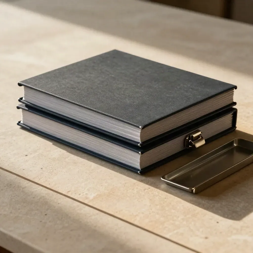 Closed binder stack and secure archive box on stone, lit dramatically.