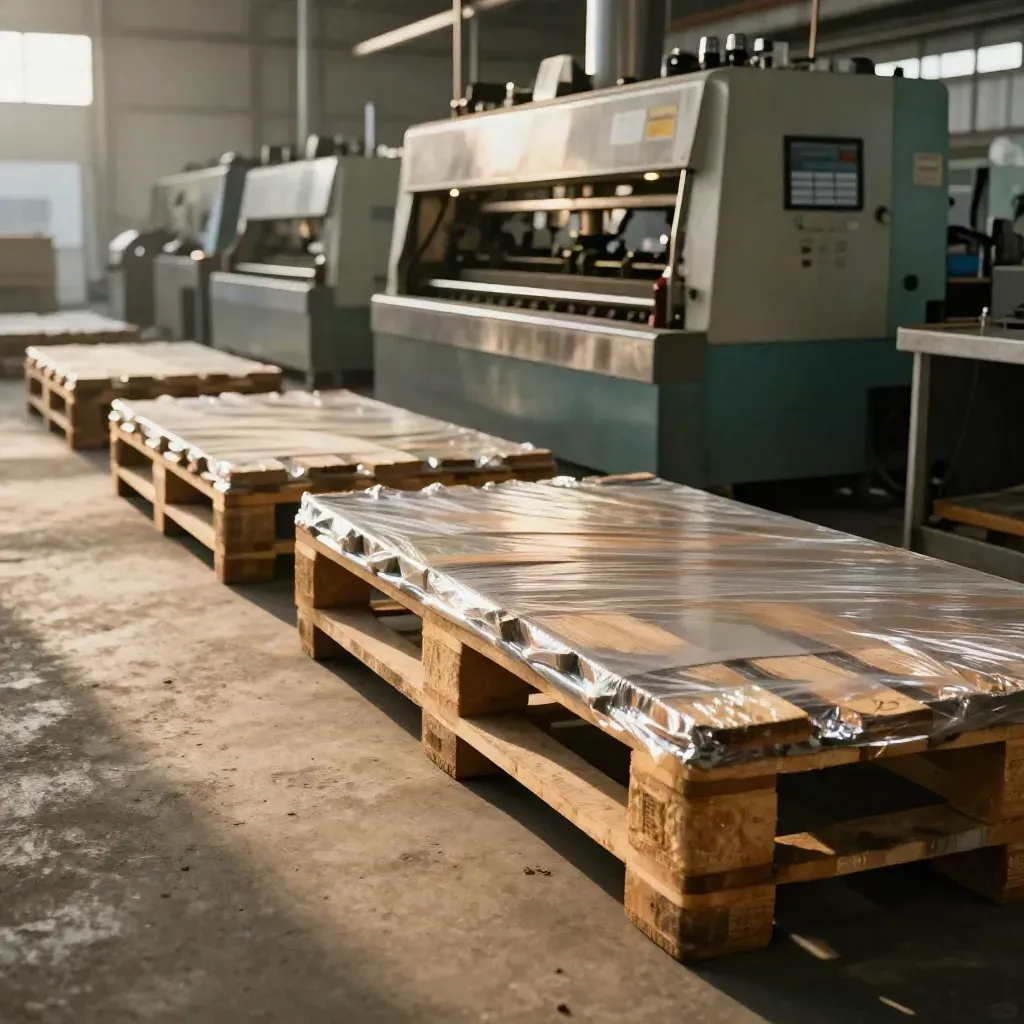 Busy manufacturing floor with pallets, sealed goods and a running machine line in soft haze.