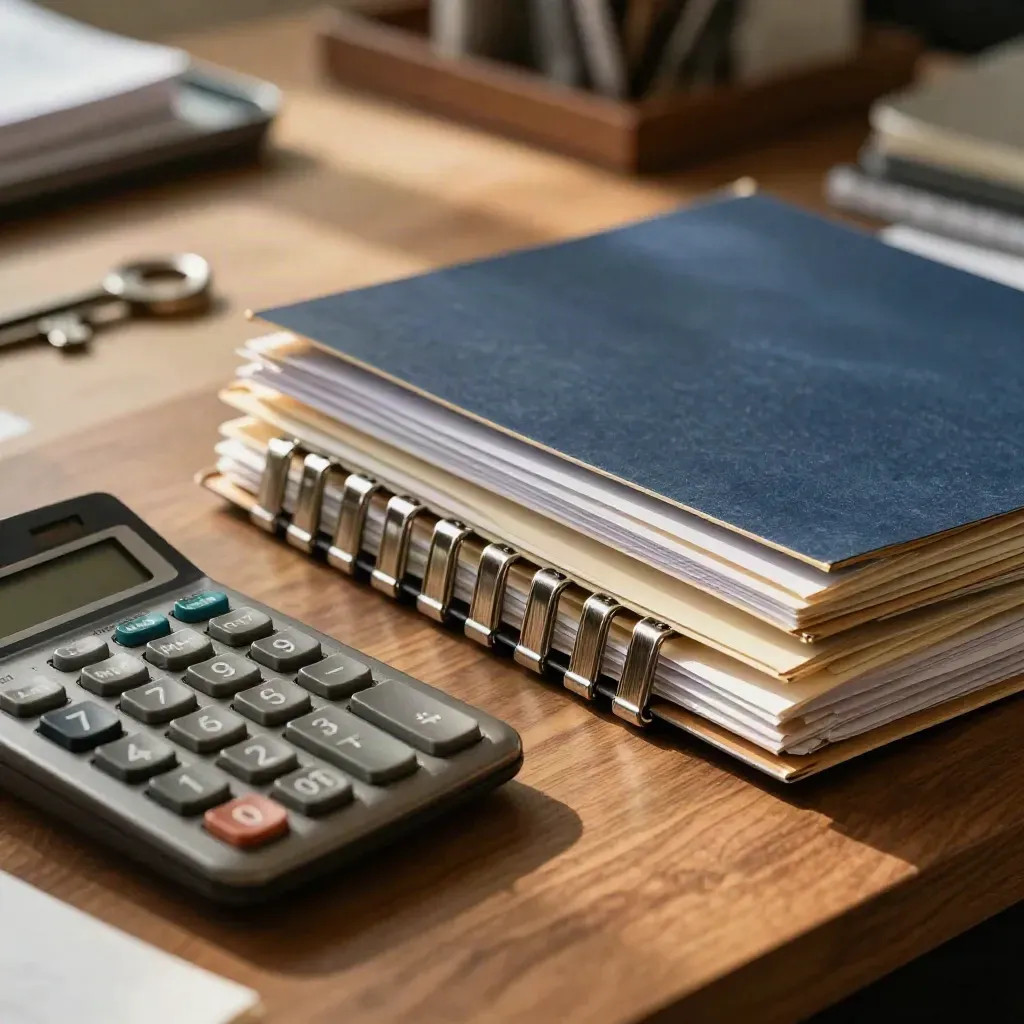 Macro of a credit analyst desktop with calculator, sealed files and steel clips in side light