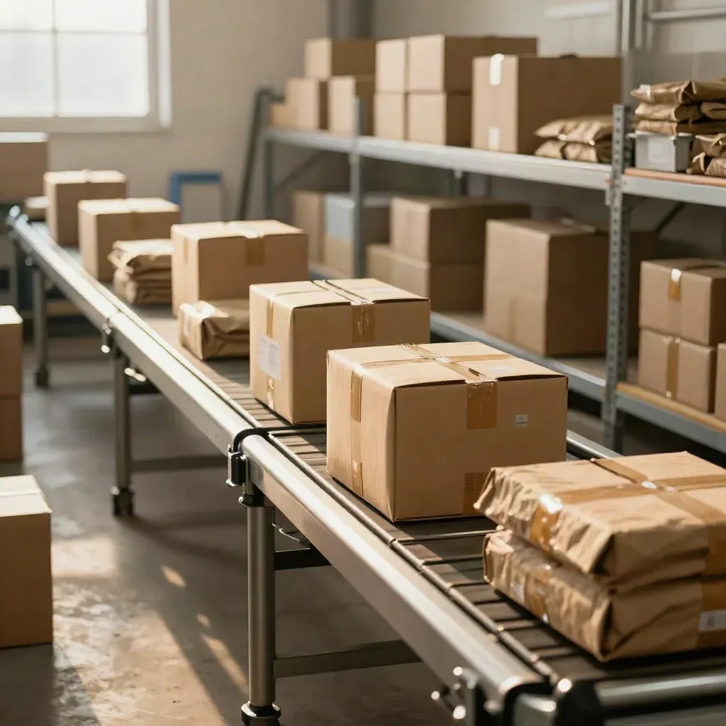 Warehouse packing lane with parcel stacks and unopened stock in warm daylight.