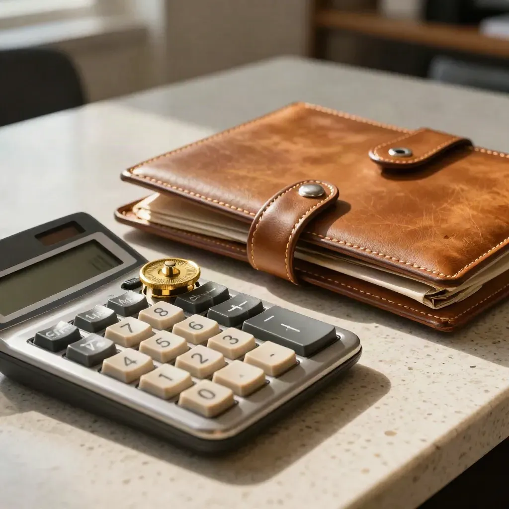 Calculator, brass rate wheel and leather deal folder on travertine in dramatic finance lighting