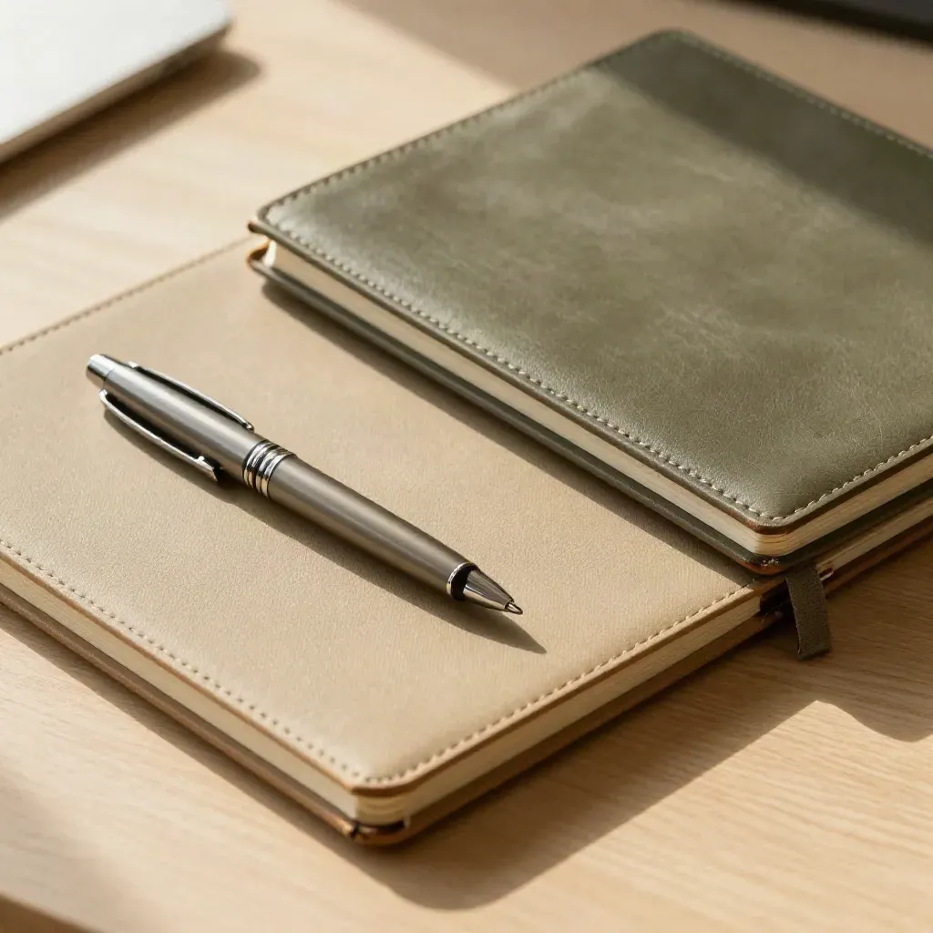 Notebook, silver pen and folder stack on pale wood, lit from upper left