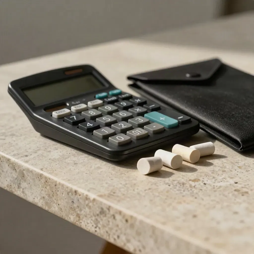 Black calculator, sealed statement sleeve and tally stones on a stone edge in soft side light.