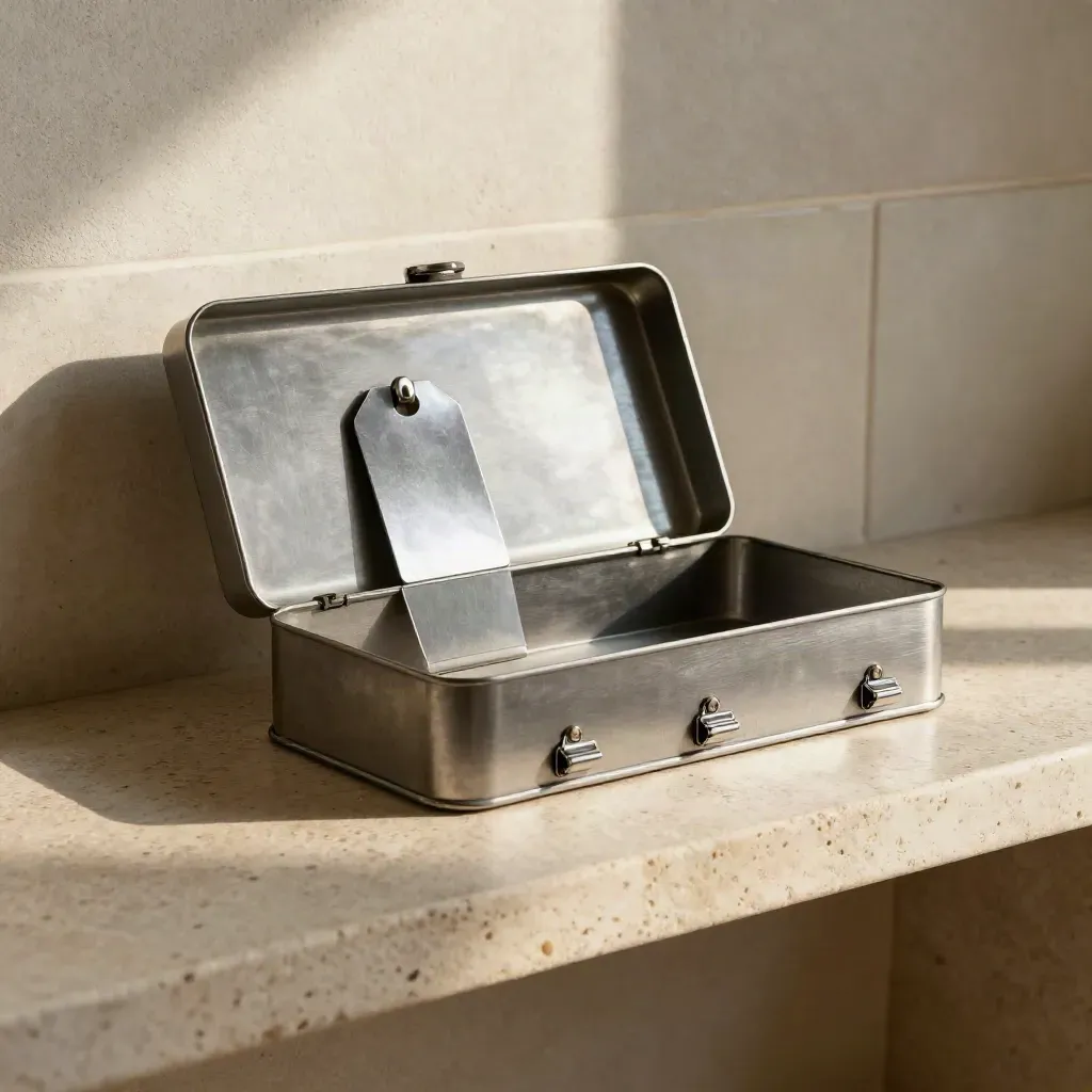 Open metal deposit box, release tag and secure clips on stone, lit from the upper left.